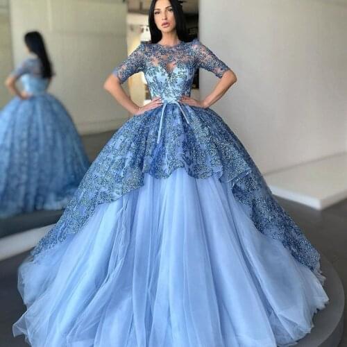 A Line Tulle Evening Dress 2021 Elegant Lace Beading Short Sleeves Prom Dress vestido de novia Custom Made Formal Party Gowns