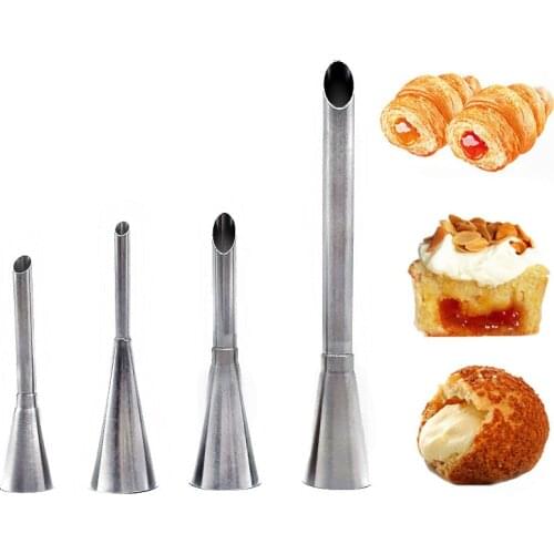 4 Pcs Stainless Steel Eclair Puff Nozzle Cupcake Filling Tubes Injector Pastry Syringe Cream Piping Tip Kit Confectionery Tools
