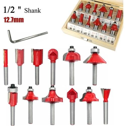 12pcs Kit Woodworking Milling Cutter 1/2 12.7mm Shank Carbide Router drill Bit For Electric Wood Cutters Engraving Cutting Tool