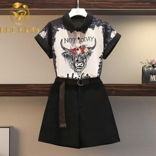 2021 Summer Two piece Set Casual Print Turn Down Collar Shirt + Wide Legged Shorts Fashion Elegant Shorts Set 2 Piece Set