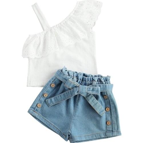 2021 Summer Fashion Girls One Shoulder Strap Lace White T-shirt Tops Denim Shorts Jeans 2PCS Kids Girl Clothing Set