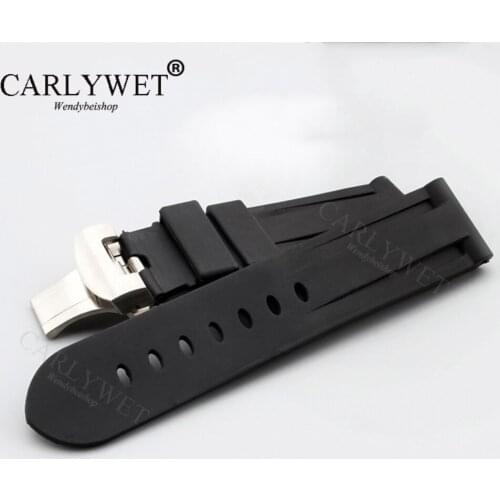 CARLYWET 24mm Black Waterproof Silicone Rubber Replacement Wrist Watch Band Strap with Silver Black Clasp For Luminor