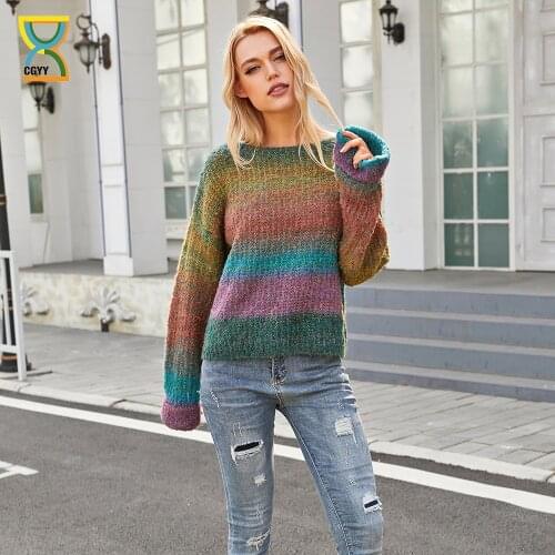 CGYY Rainbow Color Striped Loose Causal Long Sleeve O-Neck Breathable Pullover Sweater Soft Female Knit Jumpers for Spring