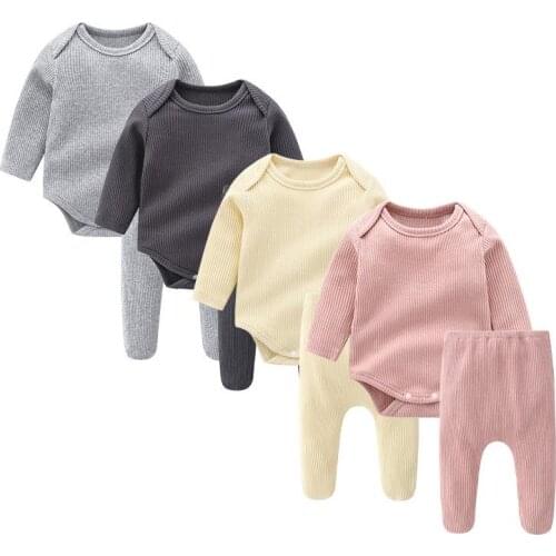 2pcs Spring New Arrival Baby Boy Sets Clothing Solid Color Toddler Girl Costume Long Sleeve Baby Bodysuit Jumpsuits + Trousers