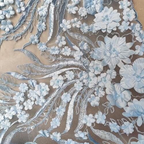 3D Lace Blue Wedding Dress Bridal Wear 3D Applique Sequins + Beads Top Qulaity Tulle Embroidery French Lace Fabric Sell For 1 Yd