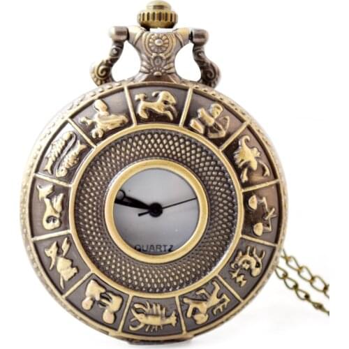 Retro 12 Constellations Quartz Pocket Watch Necklace Chain Clock Men Ladies Best Gift