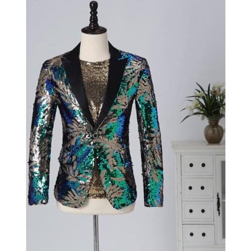 Magician sequin blue blazer men suit jackets mens wedding suits costume singer star style dance stage clothing formal dress b240