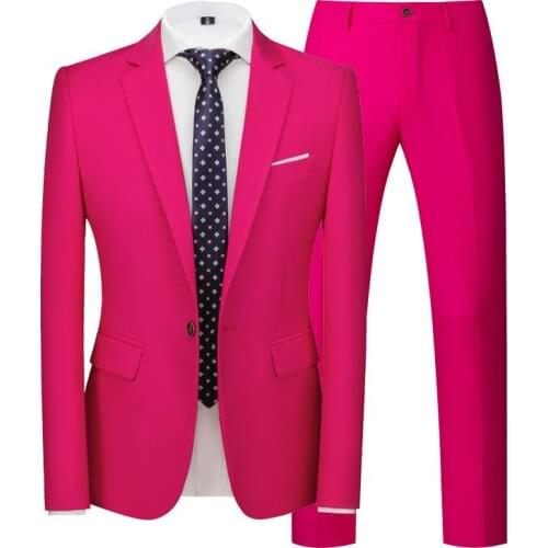 Fashion Mens 2 Piece Pink Suits For Wedding Proms Groomsmen Slim Fit Business Pant Suits Solid Color Tuxedos Suit
