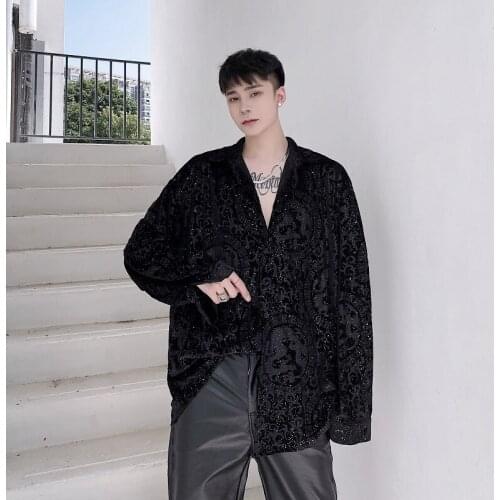 2021 New Men Shiny Vintage Pattern Velvet Long Sleeve Casual Shirt Outerwear Male Retro Shirt Stage Show Clothes Simplicity