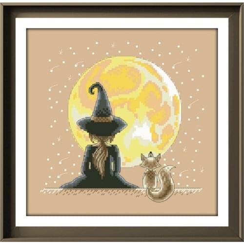 Little witch under the moon cross stitch kit design cotton silk thread 14ct 11ct linen flaxen canvas embroidery DIY needlework