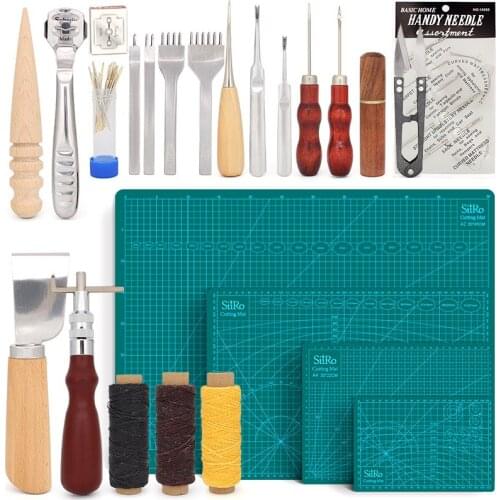 Leather Tools Set and Cutting Mat Include Adjustable Grooving Cutting Thin Knife Sewing Awl Hand Needle Waxed Thread Kit