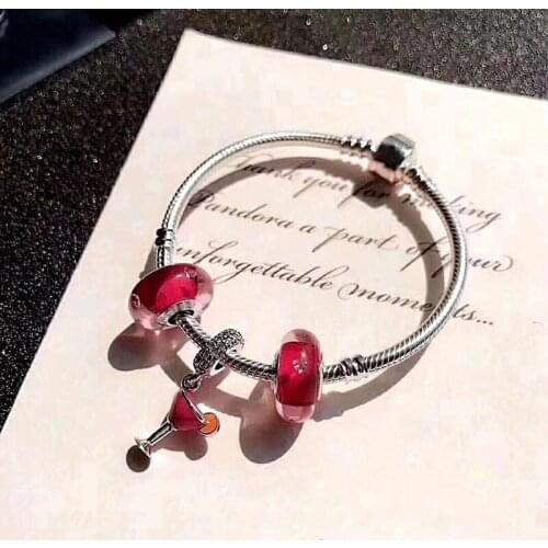 New 925 Sterling Silver Exquisite Cocktail Glass Pendant With Classic Button Bracelet Fit Original Pan Charm Diy Jewelry