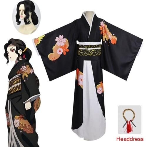 Anime Demon Killer Kimetsu no Yaiba Kibutsuji Muzan Cosplay Wigs Womens Kimono Costumes for Christmas Halloween Party