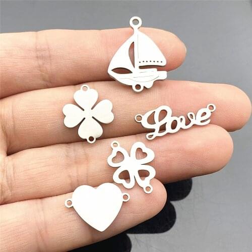100% Stainless Stell Sail Lucky Wish Pendant 10pcs Love Clover Fashion Charms Bracelet Connectors Diy Jewelry Making