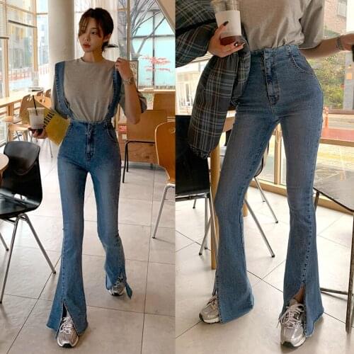 Casual High Waist Pockets Suspender Jeans Pants Women 2021 Spring Summer Split Female Denim Flare Jeans Ladies