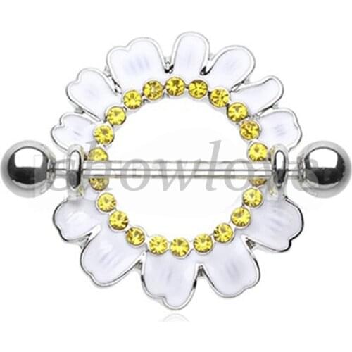 Showlove-2pcs Body Candy Yellow and Perky White Daisy Flower Nipple Shield Piercing Barbell Rings