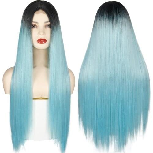 Black Ombre Blue Long Straight Hair Synthetic Wig For Women Hair Bundle With Closure Daily Party Heat Resistant Hair Wigs