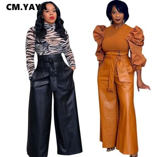 CM.YAYA Autumn Winter Women Wid Leg Pants Leggings High Waist Sashes Bottom Trousers PU Leather Jogger Pants Sweatpants