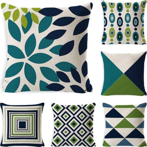 Modern Nordic Blue Green Geometric Pillowcase Linen Decorative Pillow Cushion Cover Livingroom Decor Sofa Chair Throw Pillows