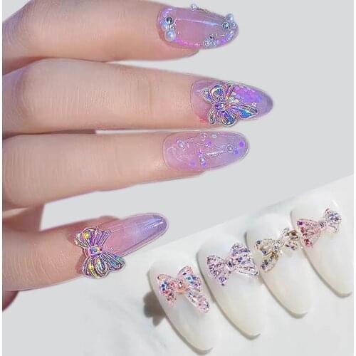 30pcs resin nail art rhinestone flat bow-knot 10x12mm transparent glitter DIY 3D trendy nail accesories 2020 new style