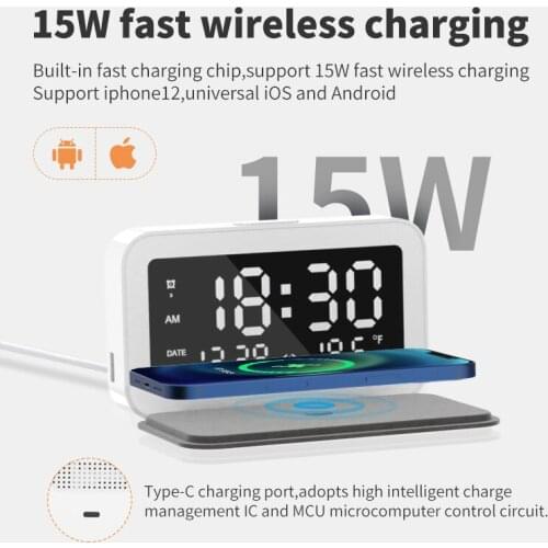 LED Mirror Digital Alarm Clock Electronic Watch Night Display Desktop With 15W Phone Wireless Fast Charging Digital Thermometer