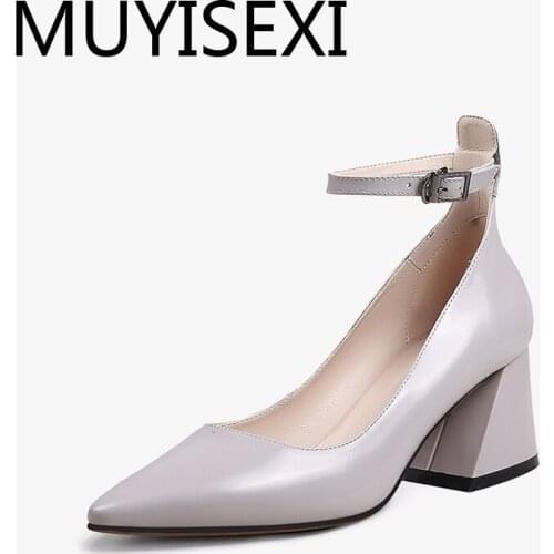 Classic solid genuine leather pointed toe 6cm thick high heel simple cozy office work wedding spring autumn pumps HL213 MUYISEXI