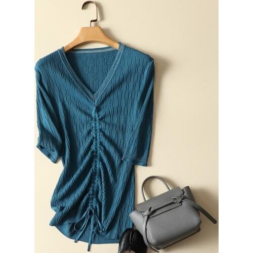 Vintage V-Neck Knitted Women T-Shirts Summer New Solid Drawstring Loose Elastic Casual All Match Female Pulls Outwear Tops