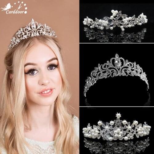 Carddoor Women Princess Crown Pearl Headband Crystal Rhinestone Tiara And Crowns Wedding Hair Jewelry Bridal Hair Accessories