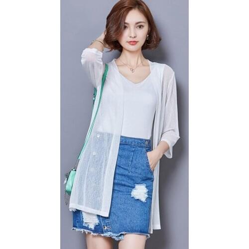 Plus Size Women Clothing Ladies White Knitted Coat Summer 2020 New Cardigan Sexy Transparent Women Blouse Shirt Tops blusas 592J