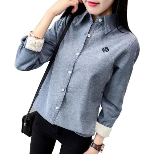 Embroidery Casual Long Sleeve Shirt Woman 2021 New Autumn Winter Single-breasted Thick Warm Velvet Women Tops And Blouse Female