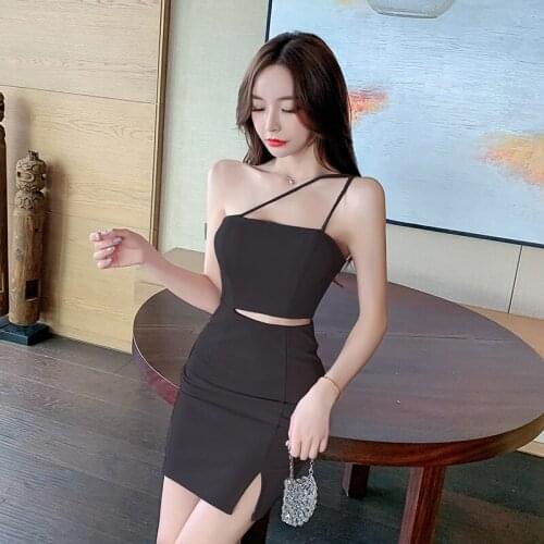 2020 new fashion sexy oblique shoulder waist bag hip temperament split open back tight dress Polyester Office Lady