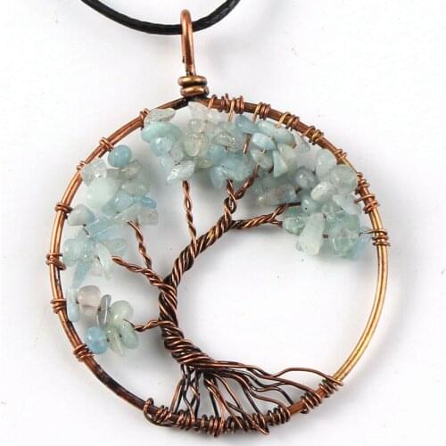 100-Unique Trendy Copper Plated Wire Wrapped Aquamarines Stone Pendant Necklace For Anniversary Jewelry