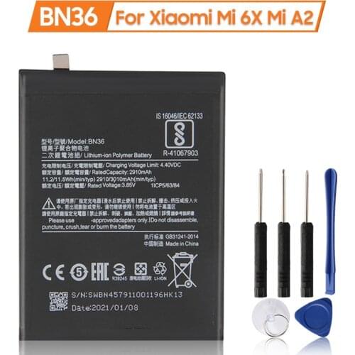 XiaoMi 100% New Authentic Replacement Battery BN36 for Xiaomi Mi 6X Mi A2 MiA2 Original Phone Battery 3010mAh