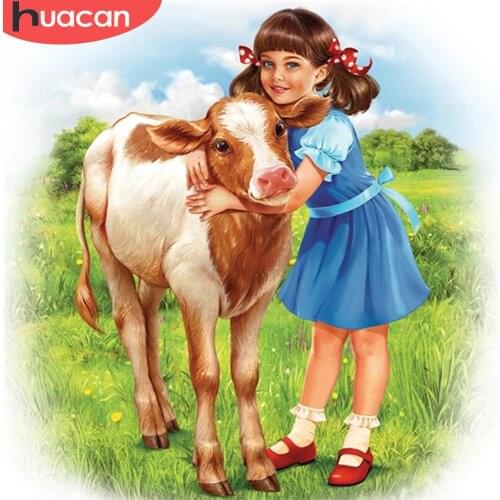 HUACAN 5d Diamond Painting Cattle Mosaic Girl Handmade Gift DIY Diamond Embroidery Animal Cow Home Decor