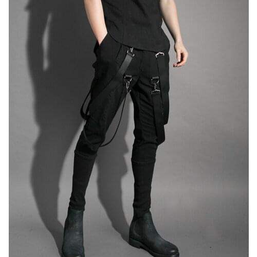 Men Multi Pockets Hip Hop Punk Harem Pants Ribbons Street Wear Man Casual Joggers Elastic Waist Cargo Trousers Techwear