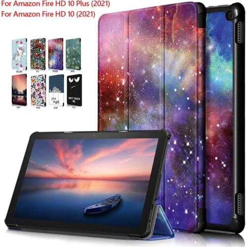 Colorful printed case For Amazon Fire HD 10 (2021) / Fire HD 10 Plus (2021) 10.1" Slim Magnetic Folding Stand PU leather Cover