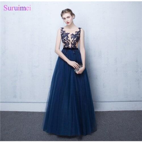 Elegant A-Line Navy blue Chiffon Evening Dresses 2017 With Appliques Lace And Beaded Nude See Through Long Evening Gown