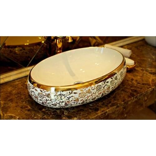 Porcelain Cloakroom Oval Wash Basin Lavabo Counter top Sink Vessel Bathroom Hand Paint Art Wash Sink JY888