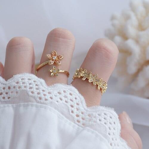 Delicate Jewelry 14K Gold Plated Adjustable Crystal Flower Rings for Women Luxury Cubic Zircon Engagement Rings