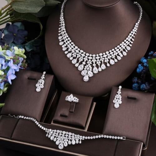 Janekelly 4pcs Bridal Zirconia Full Jewelry Sets For Women Party, Luxury Dubai Nigeria CZ Crystal Wedding necklace sets