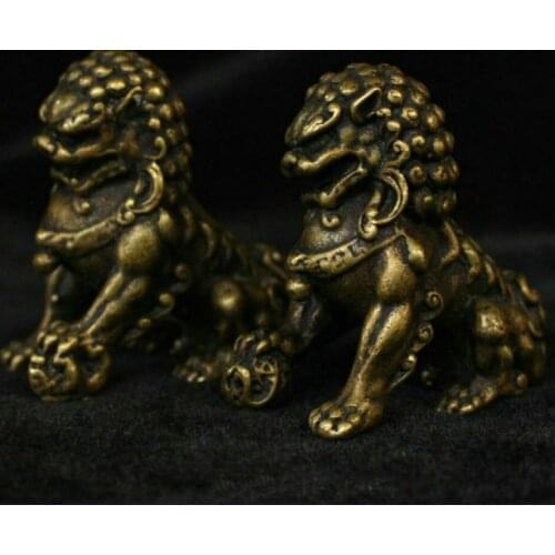China Chinese Folk Brass Copper Fengshui Foo Fu Dog Guardion Lion Statue Pair Collection Ornaments Statues for Decoration