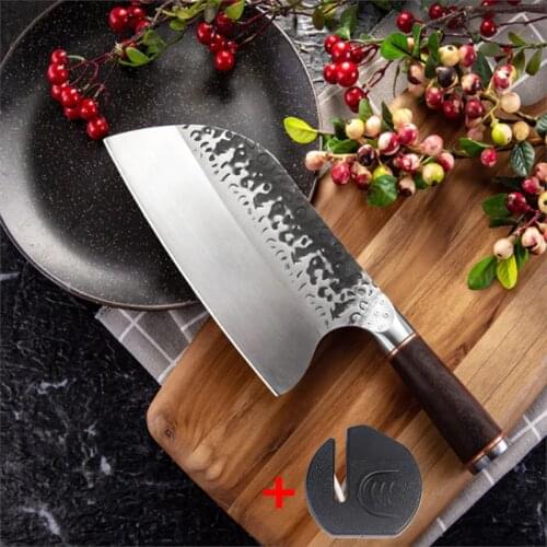 Stainless Steel Forged Chinese Knife Meat Cleaver Butcher Knife Kitchen Chef Knives with Ebony Wood Handle Knife Sharpener