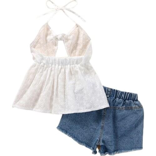 Ma&Baby 1-6Y Summer Kid Girl Clothes Set Outfits Lace V neck Bow Tops Denim Shorts Child Clothing Costumes DD43