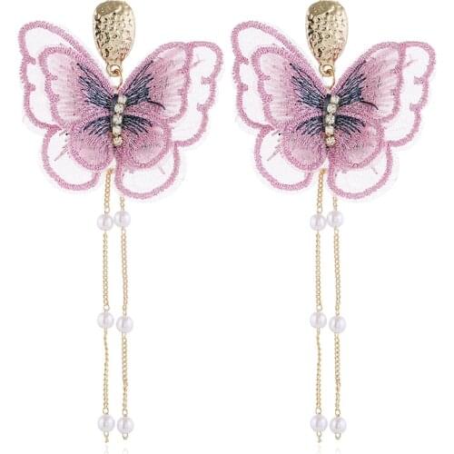 Fashion Trendy Glass Rhinestone Gems Imitation pearls tassel Earrings For Women Butterfly embroidery Statement Earrings Accessor