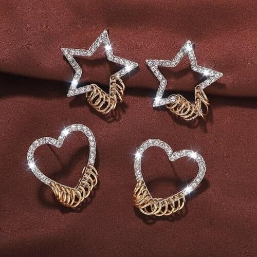 Fashion New Popular Earrings Heart-Shaped Pentagram Rhinestone Earrings Ladies Temperament Earrings Friends Gift
