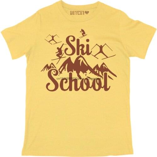 SKI SCHOOL MOUNTAIN PRINT MENS WINTER SKI SNOWBOARD SEASON RETRO PRINTED T-SHIRT