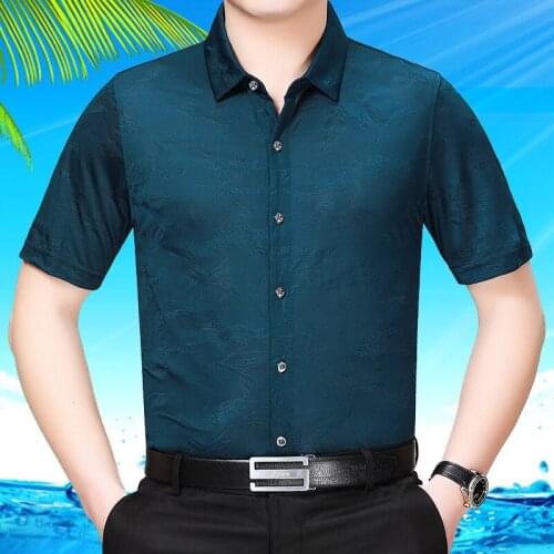 New Summer Men Shirt Short Sleeve Real Silk Shirt Mens Dress Shirts Gentlemen Plus Size Casual Camisa Masculina 95605 KJ1962