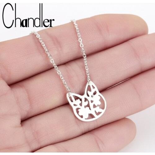 Chandler Stainless Steel Hollow Out Cat Head Necklace & Pendant Long Chain Necklace For Girl Animal Choker Collier Femme Jewelry