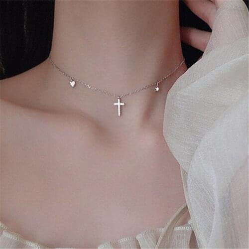 925 Sterling Silver Crystal Cross Heart Star Charm Pendant Choker Necklace For Women Party Statement Jewelry dz875