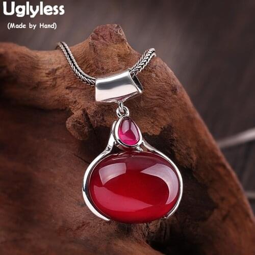 Uglyless Simple Fashion Oval Corundum Pendants for Women Sexy HOT PINK Gemstones Necklaces NO Chain 925 Silver Fine Jewelry P787